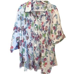 Woman Within Size 1X Paisley Pintuck Button Up Tunic Gauze Cotton Roll Tab